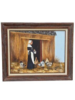 Barnyard Chicken Feeding Painting Amish Lady Barn Farmcore Wall Art Country Vtg